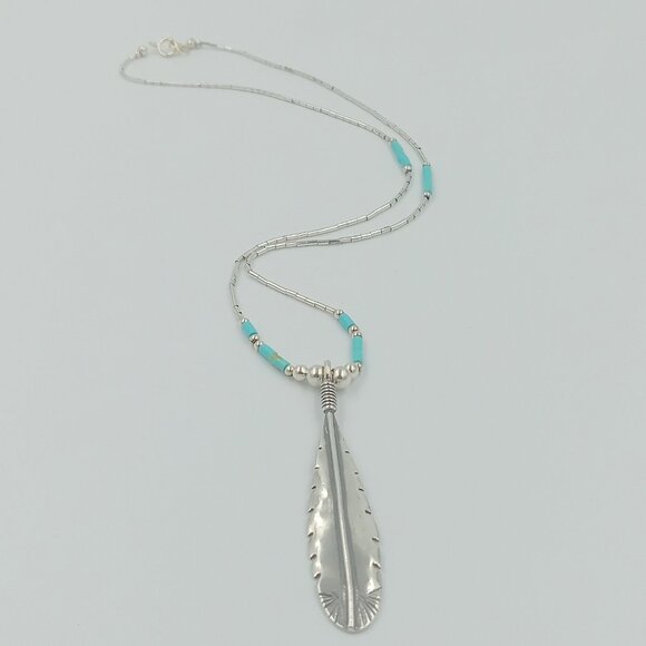 Sterling Silver Feather ~ Turquoise and Liquid Silver - Picture 6 of 12